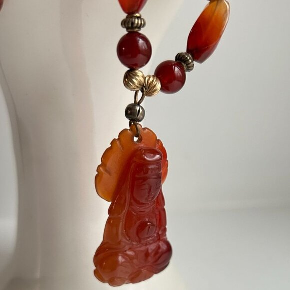 14k GF Carnelian Agate Beaded Necklace with Carved Guan Yin Buddhist - Picture 6 of 13